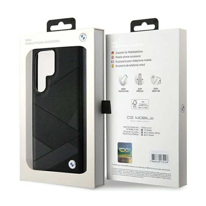 BMW Signature Leather Crossing Lines Pattern – dėklas, skirtas Samsung Galaxy S24 Ultra (juodas)