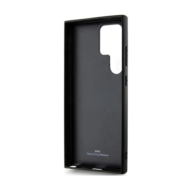BMW Signature Leather Crossing Lines Pattern – dėklas, skirtas Samsung Galaxy S24 Ultra (juodas)