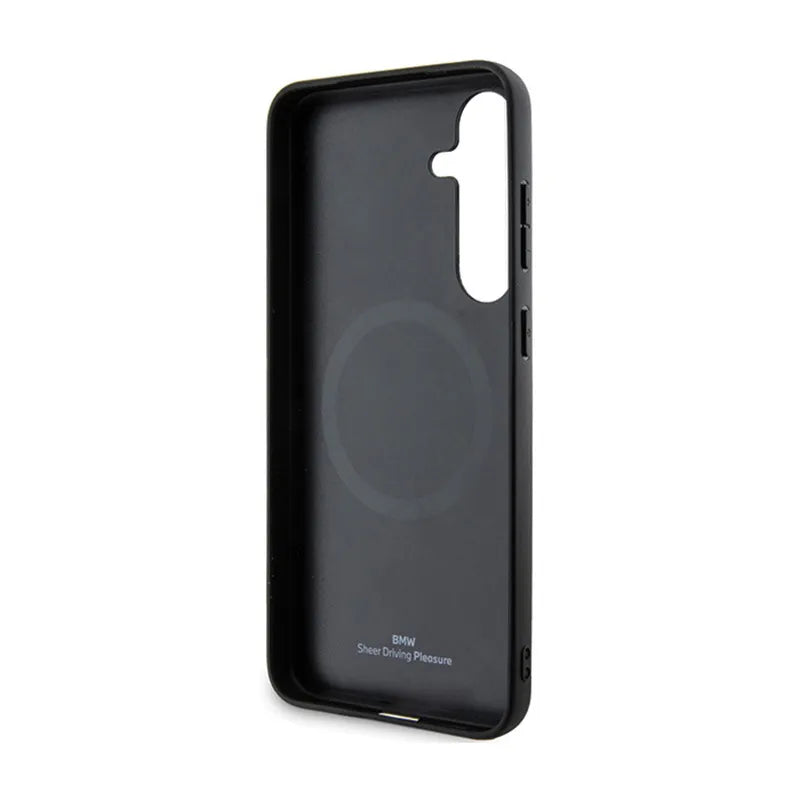 BMW Signature Leather Textured & Line MagSafe - dėklas, skirtas Samsung Galaxy S24 (juodas)
