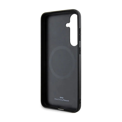 BMW Signature Leather Textured & Line MagSafe - dėklas, skirtas Samsung Galaxy S24 (juodas)