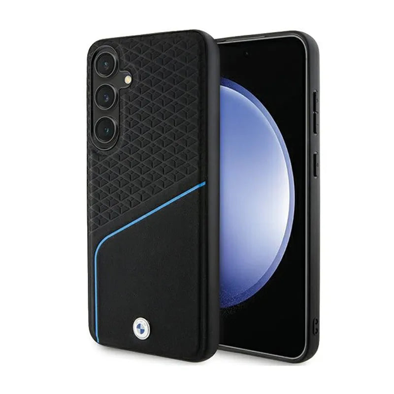 BMW Signature Leather Textured & Line MagSafe - dėklas, skirtas Samsung Galaxy S24 (juodas)