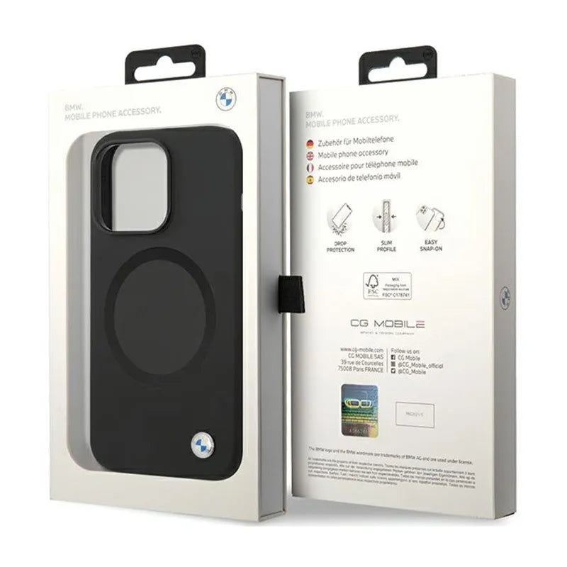 BMW Signature Liquid Silicone MagSafe dėklas, skirtas iPhone 14 Pro Max (juodas)