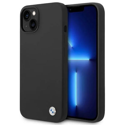 BMW silikoninis dėklas su metaliniu logotipu iPhone 14 Plus (juodas)