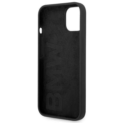 BMW silikoninis dėklas su metaliniu logotipu iPhone 14 Plus (juodas)