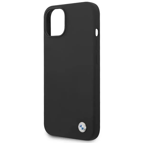 BMW silikoninis dėklas su metaliniu logotipu iPhone 14 Plus (juodas)