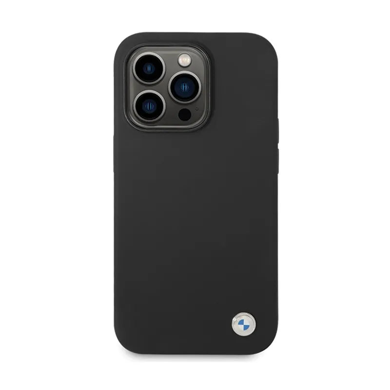 BMW silikono dėklas su metaliniu logotipu – skirtas iPhone 15 Pro Max (juodas)