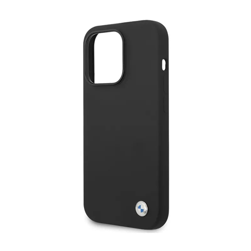 BMW silikono dėklas su metaliniu logotipu – skirtas iPhone 15 Pro Max (juodas)