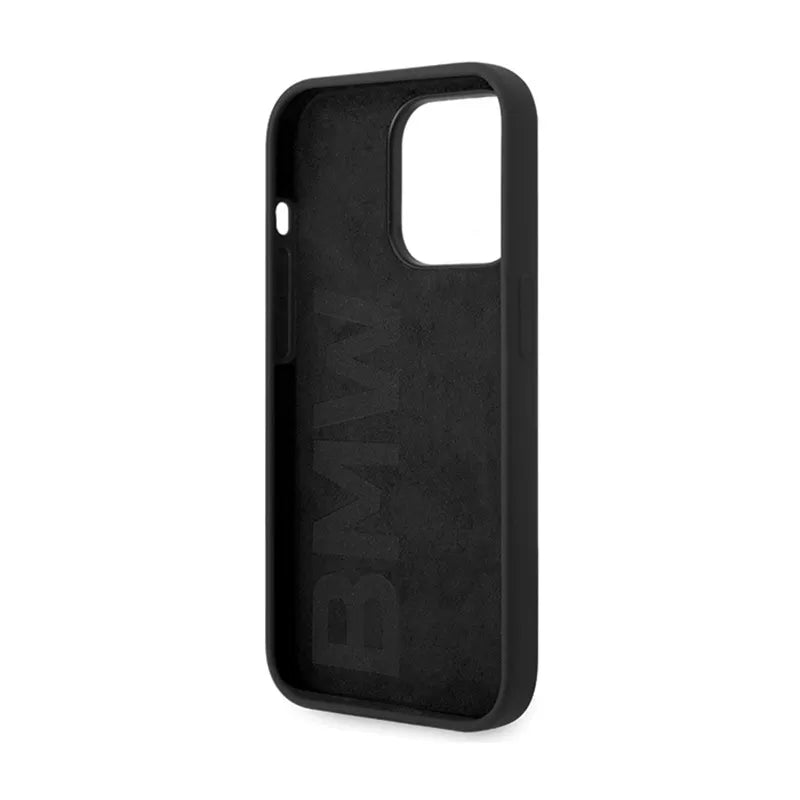 BMW silikono dėklas su metaliniu logotipu – skirtas iPhone 15 Pro Max (juodas)