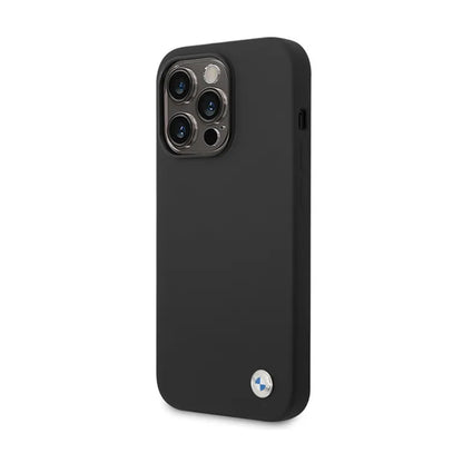 BMW silikono dėklas su metaliniu logotipu – skirtas iPhone 15 Pro Max (juodas)