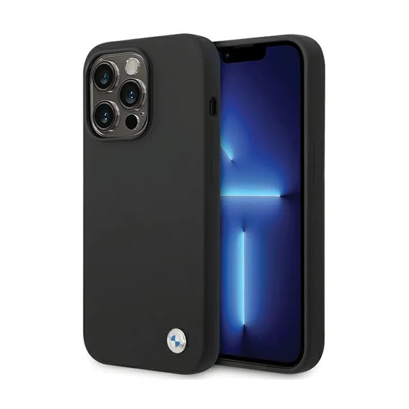 BMW silikono dėklas su metaliniu logotipu – skirtas iPhone 15 Pro Max (juodas)
