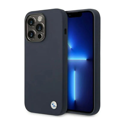 BMW skysto silikono dėklas su metaliniu logotipu MagSafe – dėklas iPhone 14 Pro Max (tamsiai mėlyna)