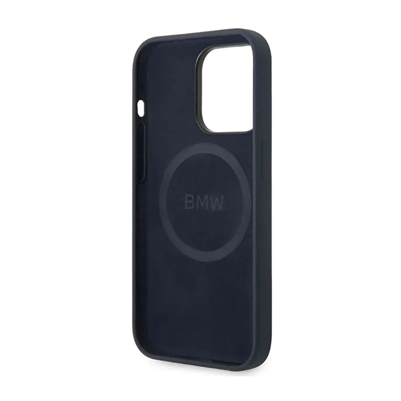 BMW skysto silikono dėklas su metaliniu logotipu MagSafe – dėklas iPhone 14 Pro Max (tamsiai mėlyna)