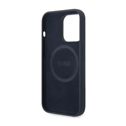 BMW skysto silikono dėklas su metaliniu logotipu MagSafe – dėklas iPhone 14 Pro Max (tamsiai mėlyna)
