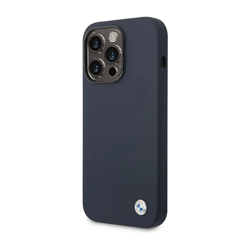 BMW skysto silikono dėklas su metaliniu logotipu MagSafe – dėklas iPhone 14 Pro Max (tamsiai mėlyna)