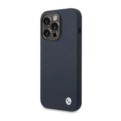 BMW skysto silikono dėklas su metaliniu logotipu MagSafe – dėklas iPhone 14 Pro Max (tamsiai mėlyna)