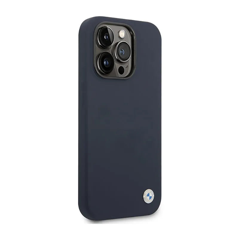BMW skysto silikono dėklas su metaliniu logotipu MagSafe – dėklas iPhone 14 Pro Max (tamsiai mėlyna)