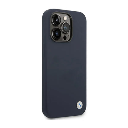 BMW skysto silikono dėklas su metaliniu logotipu MagSafe – dėklas iPhone 14 Pro Max (tamsiai mėlyna)