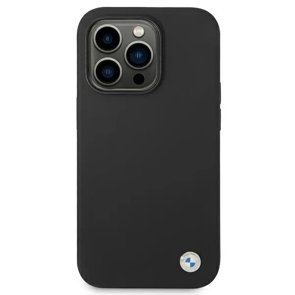 BMW skysto silikono dėklas su metaliniu logotipu, skirtas iPhone 14 Pro Max (Juoda)