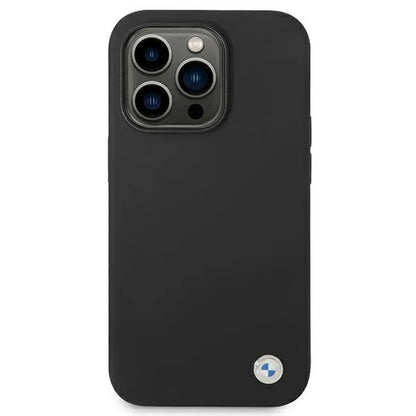 BMW skysto silikono dėklas su metaliniu logotipu, skirtas iPhone 14 Pro Max (Juoda)