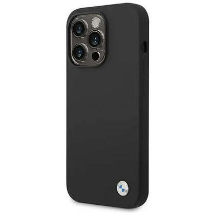 BMW skysto silikono dėklas su metaliniu logotipu, skirtas iPhone 14 Pro Max (Juoda)