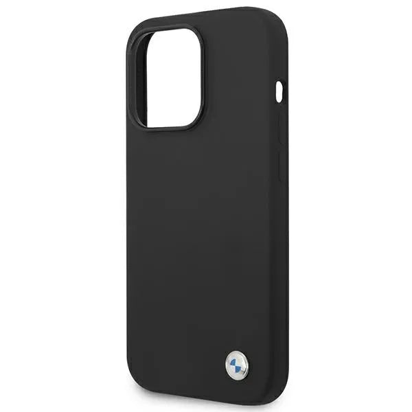 BMW skysto silikono dėklas su metaliniu logotipu, skirtas iPhone 14 Pro Max (Juoda)