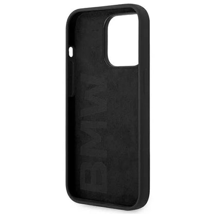 BMW skysto silikono dėklas su metaliniu logotipu, skirtas iPhone 14 Pro Max (Juoda)