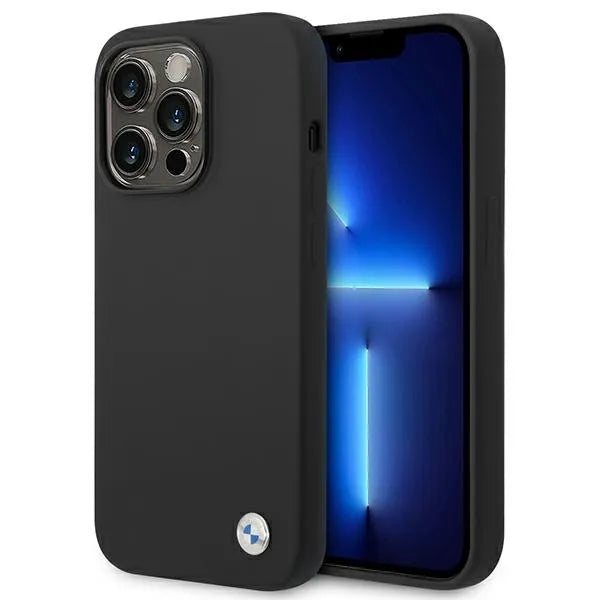 BMW skysto silikono dėklas su metaliniu logotipu, skirtas iPhone 14 Pro Max (Juoda)