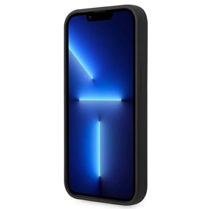 BMW skysto silikono dėklas su metaliniu logotipu, skirtas iPhone 14 Pro Max (Juoda)
