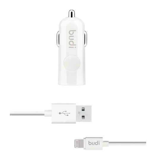 Budi - 1 USB automobilinis įkroviklis su LED indikatoriumi + "Lightning" laidas
