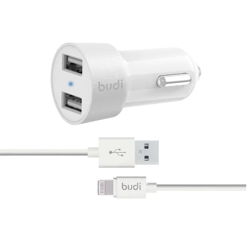 Budi – 2 USB automobilinis įkroviklis su LED indikatoriumi + „Lightning“ laidas