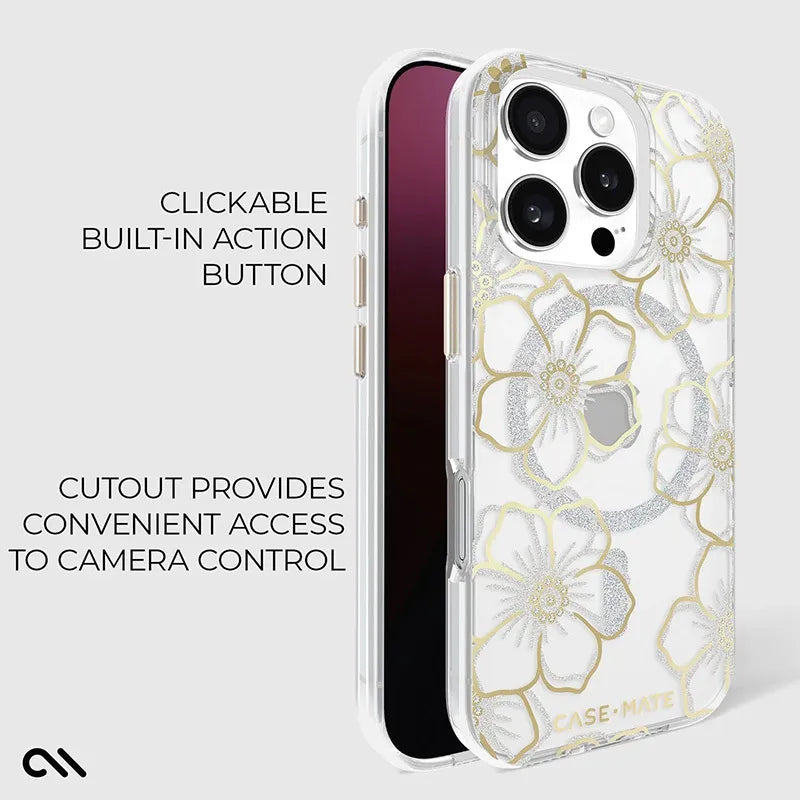 Case-Mate Floral Gems dėklas su MagSafe, skirtas iPhone 16 Pro (auksinis)