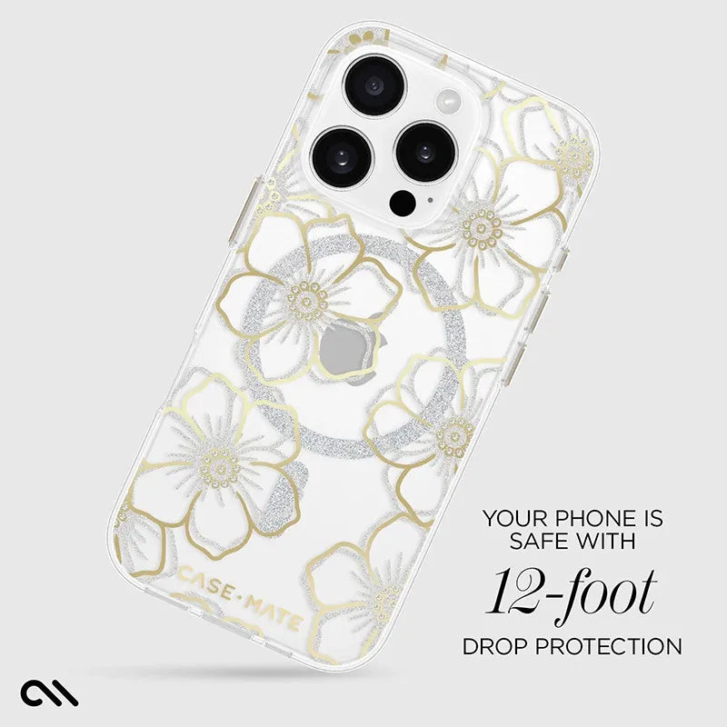 Case-Mate Floral Gems dėklas su MagSafe, skirtas iPhone 16 Pro (auksinis)