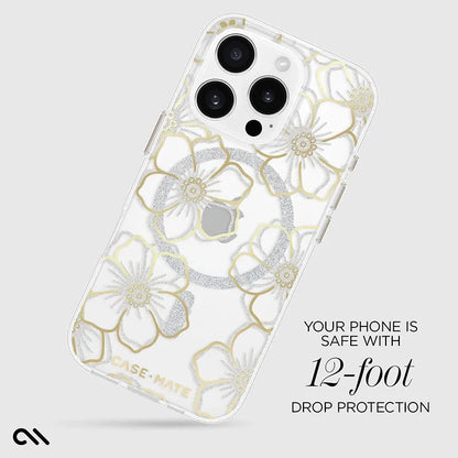 Case-Mate Floral Gems dėklas su MagSafe, skirtas iPhone 16 Pro (auksinis)
