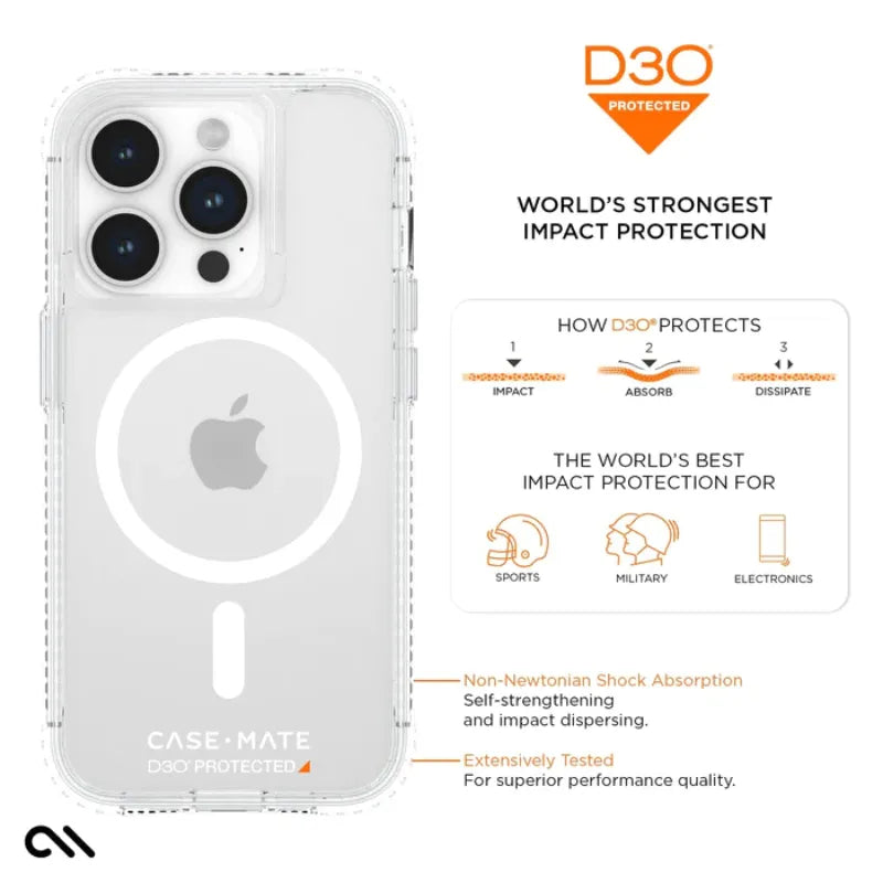 Case-Mate itin tvirtas plius D3O MagSafe – „iPhone 15 Pro“ dėklas (skaidrus)