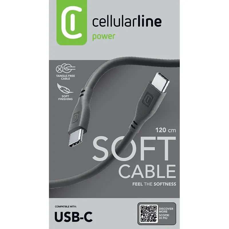 Cellularline Soft Cable - USB-C–USB-C laidas, 1,2 m (juodas)