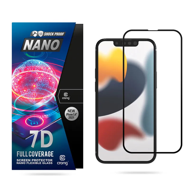 Crong 7D Nano Lankstus Stiklas - Neperleidžiamas 9H hibridinis stiklas visam iPhone 13 mini ekranui