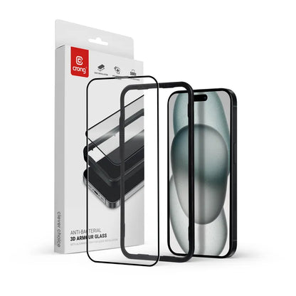 Crong Anti-Bakterinis 3D Armor Glass – 9H Full Glue grūdintas stiklas, skirtas iPhone 16 Plus / iPhone 15 Plus + montavimo rėmelis