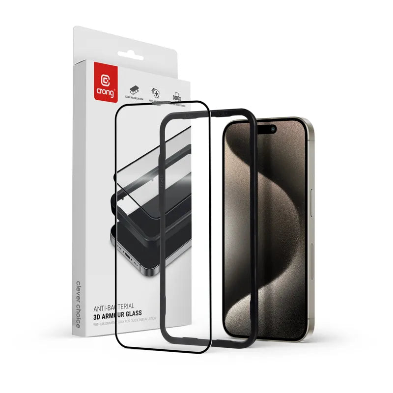 Crong Antibakterinis 3D Armor Glass - 9H Grūdintas Stiklas Visam iPhone 15 Pro Max Ekranui + Montavimo Rėmelis