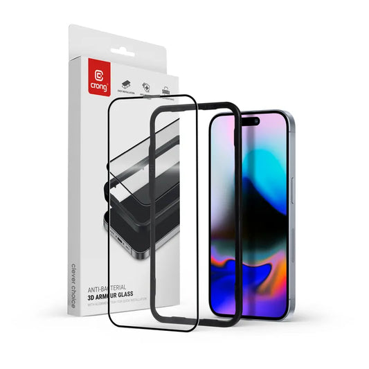Crong Antibakterinis 3D Armor Stiklas – 9H Full Glue Grūdintas Stiklas, skirtas iPhone 16 Pro + Montavimo Rėmelis