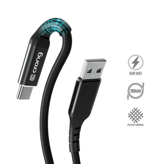 Crong Armor Link – 60W PD 3A USB-A į USB-C kabelis 150cm (juodas)
