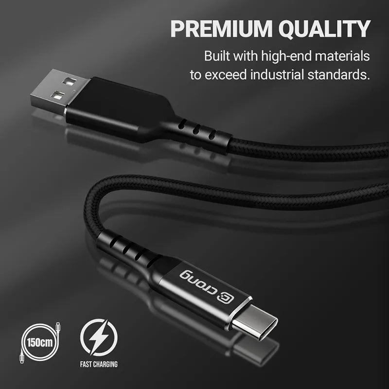 Crong Armor Link – 60W PD 3A USB-A į USB-C kabelis 150cm (juodas)