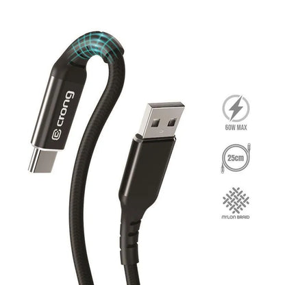 Crong Armor Link - 60W PD 3A USB-A į USB-C kabelis 25cm (juodas)