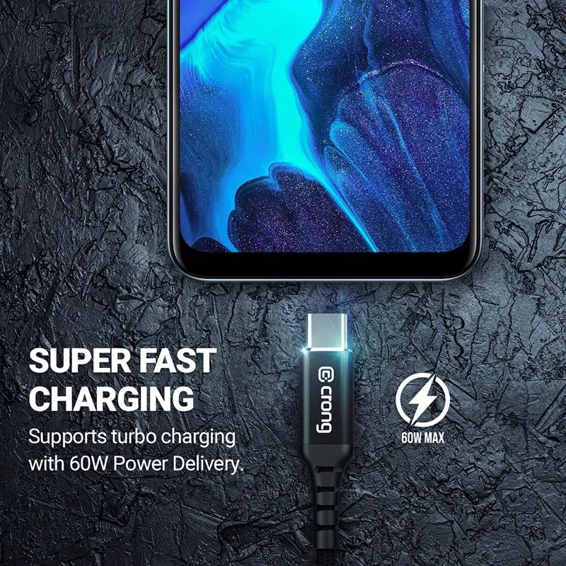 Crong Armor Link - 60W PD 3A USB-A į USB-C kabelis 25cm (juodas)