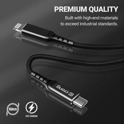 Crong Armor Link - USB-C Lightning greito įkrovimo MFi laidas 150cm (juodas)