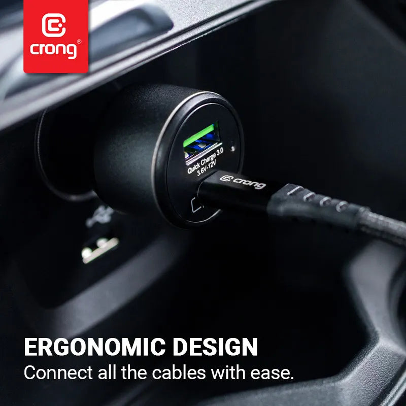 Crong automobilinis įkroviklis 63W – USB-C PD 45W automobilinis įkroviklis + USB QC 3.0 18W (juodas)