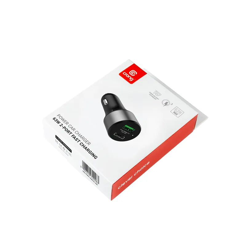 Crong automobilinis įkroviklis 63W – USB-C PD 45W automobilinis įkroviklis + USB QC 3.0 18W (juodas)