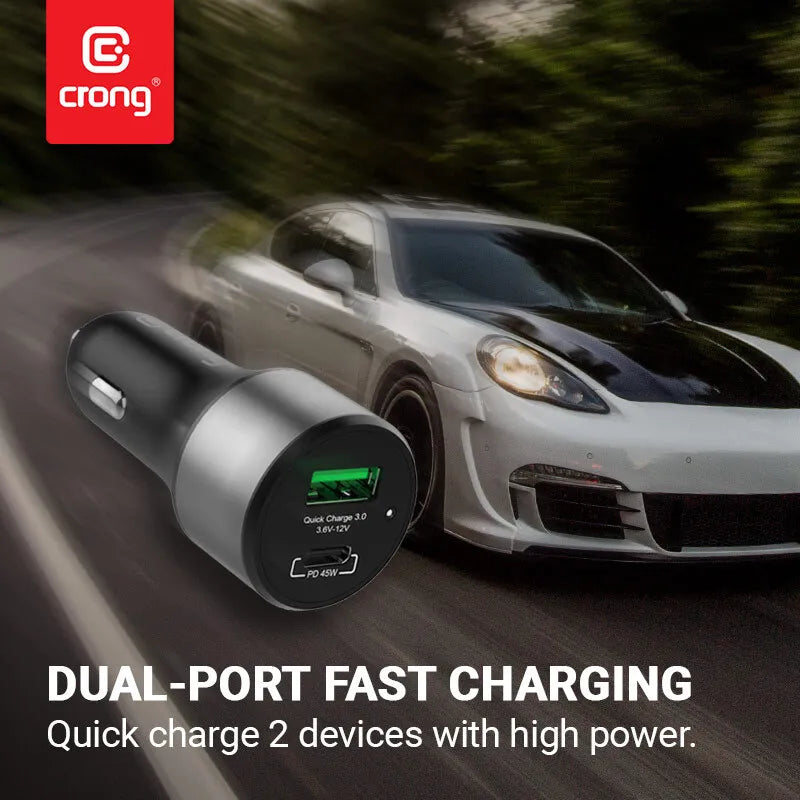 Crong automobilinis įkroviklis 63W – USB-C PD 45W automobilinis įkroviklis + USB QC 3.0 18W (juodas)