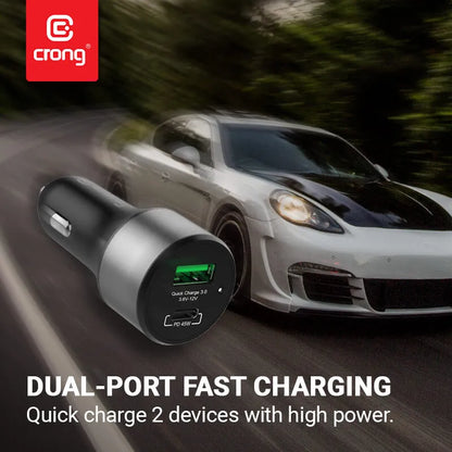 Crong automobilinis įkroviklis 63W – USB-C PD 45W automobilinis įkroviklis + USB QC 3.0 18W (juodas)