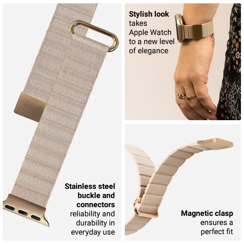 Crong Eclipse – Magnetinė odinė juosta Apple Watch 38/40/41/42mm (Smėlio spalvos)