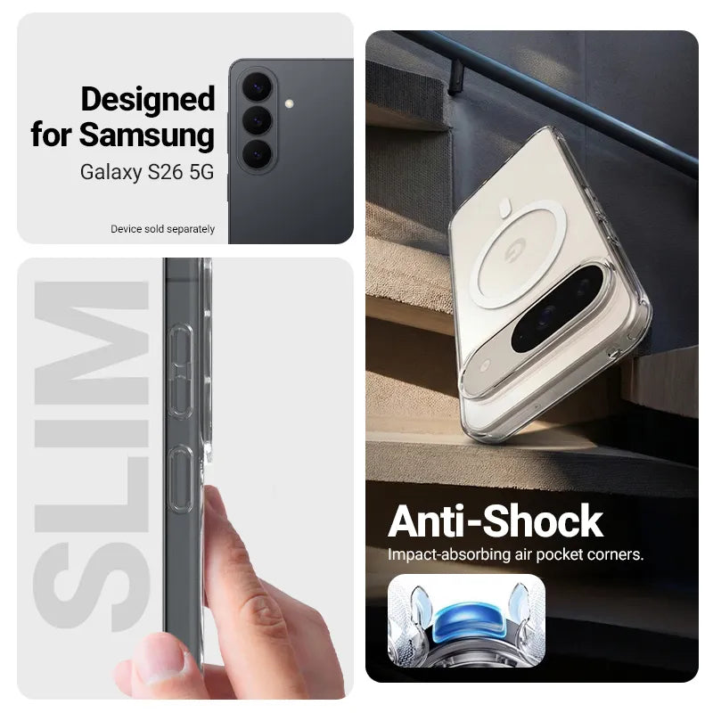 Crong Hybrid Clear Magnetic – dėklas su MagSafe technologija, skirtas Samsung Galaxy S26 (skaidrus)